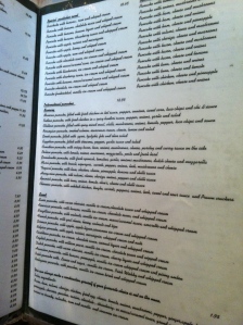 A dense list of pancake options from the menu at Sara's Pancake House